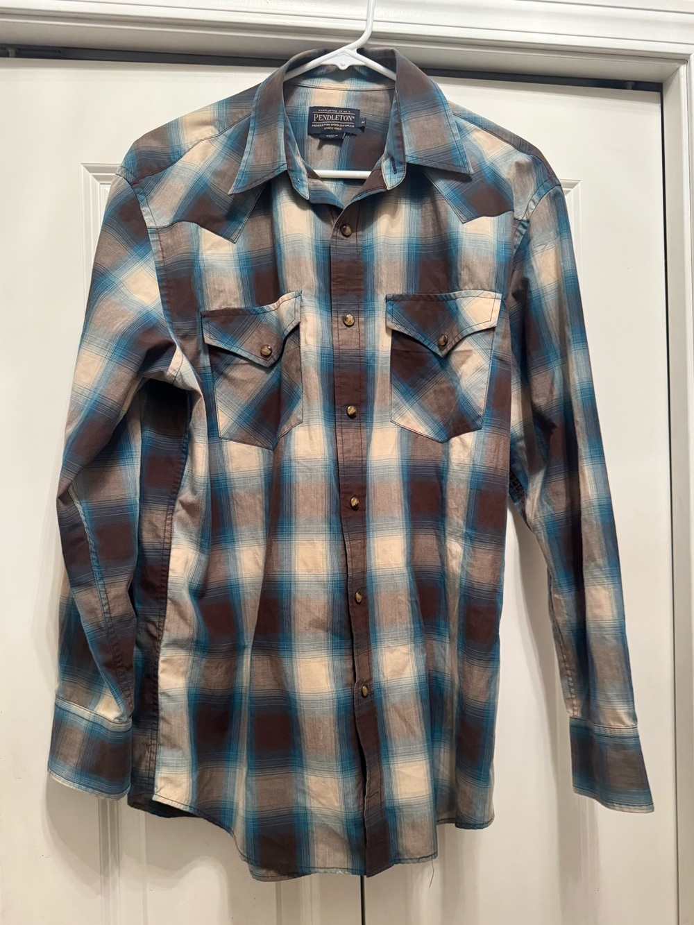 Pendleton Blue Brown Plaid Western Pearl Snap Long Sleeve Shirt Pockets Medium